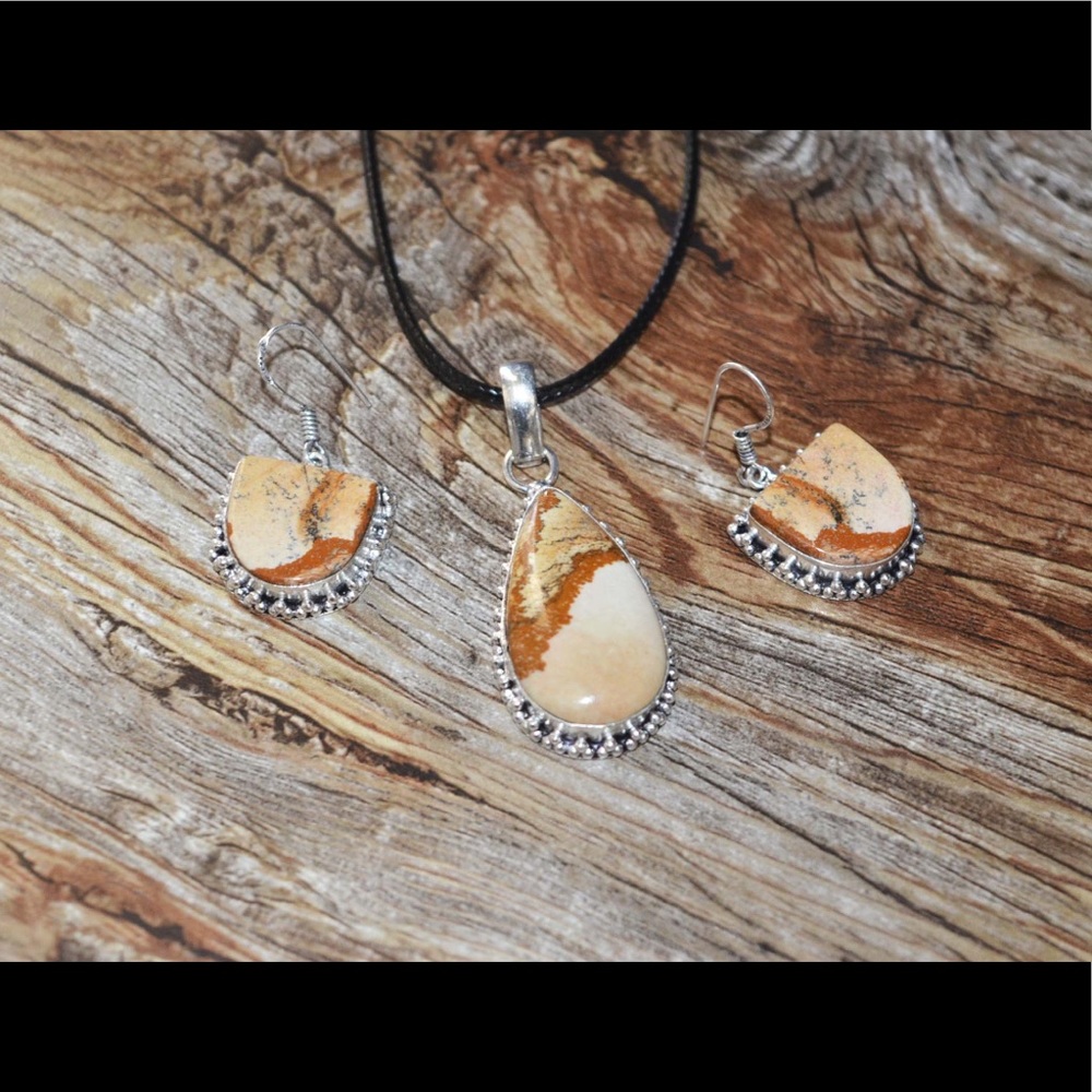 Picture Jasper Pendant & Earrings Set